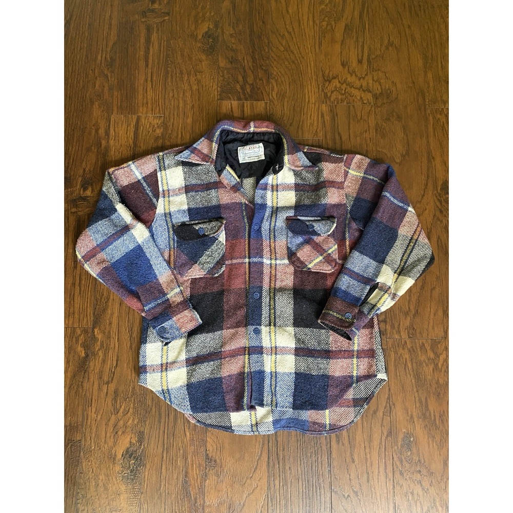 Vintage CPO Plaid Flannel Shirt Jacket Mens Medium Blue Wool Blend Shacket Coat